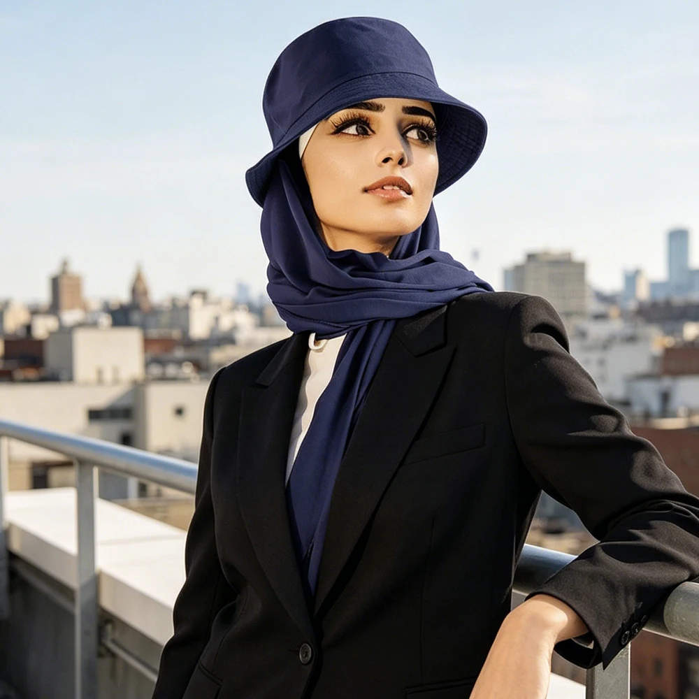 Muslim Bucket Hat with Attached Hijab Summer Sun Protection Headscarf Outdoor Hijab Cap for Women Instant Scarf Shawls Wrap Caps