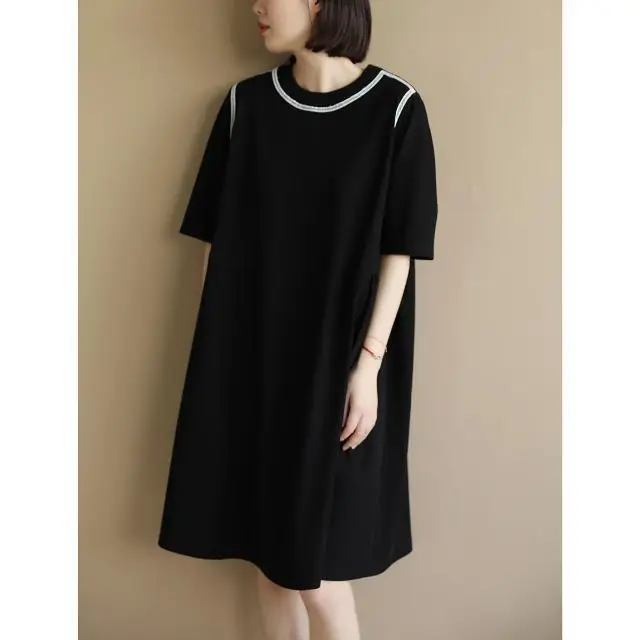 

2024 Summer New Women's Oversized Dress Loose Commuter Casual Splicing Round Neck High Waist T-shirt Dress