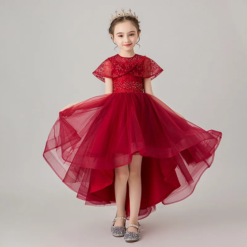 Little Girls Embrdoiery Princess Dress High Low Shawl Tulle Dresses Teen Girls Graduation Party Gown Flower Girls Dress