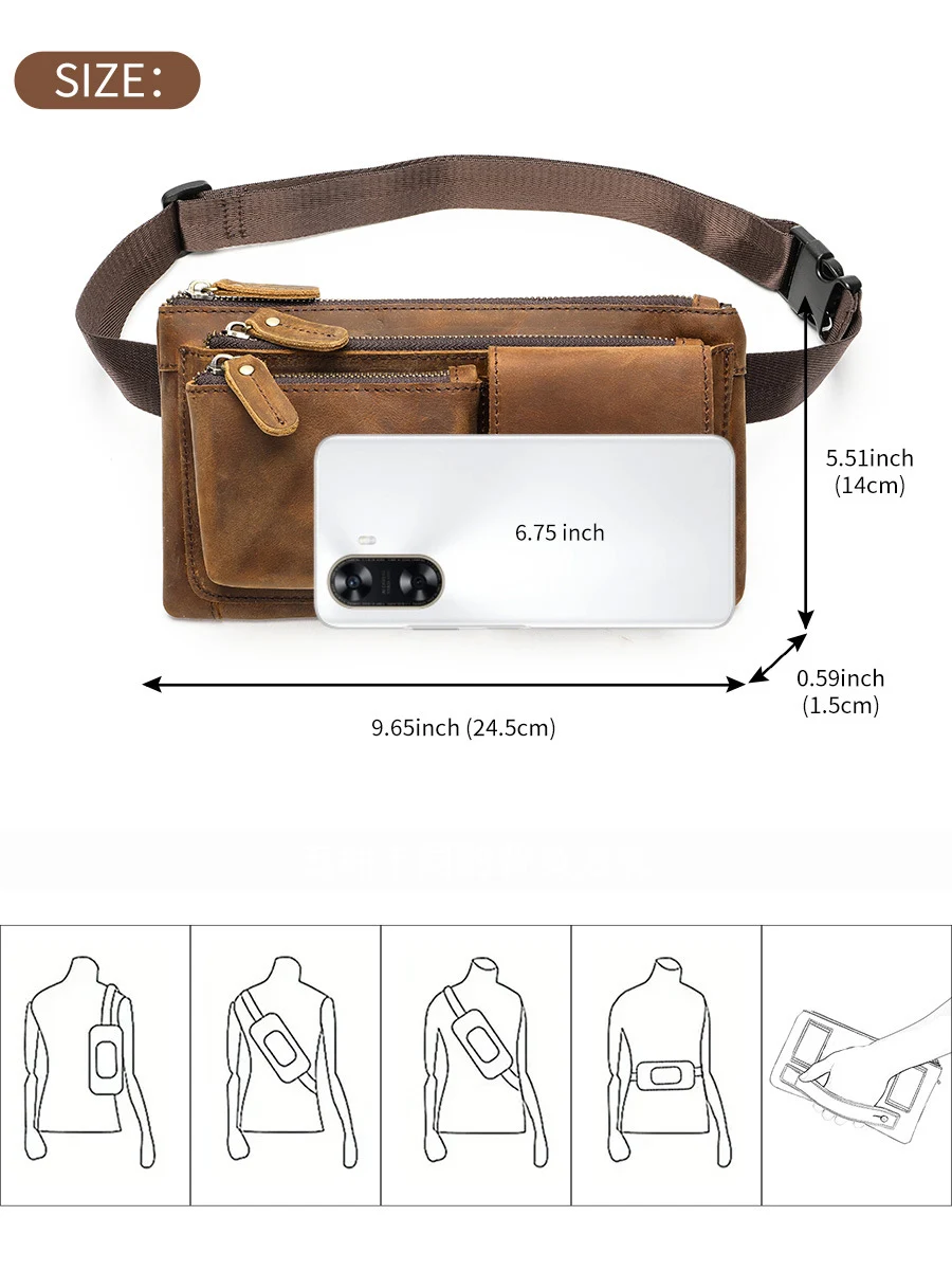 Top Layer Cowhide Men Waist Bag Real Leather Chest Bag Outdoor Casual Leather Porable Gym Bags Messenger Bag Wasit Pouch Male