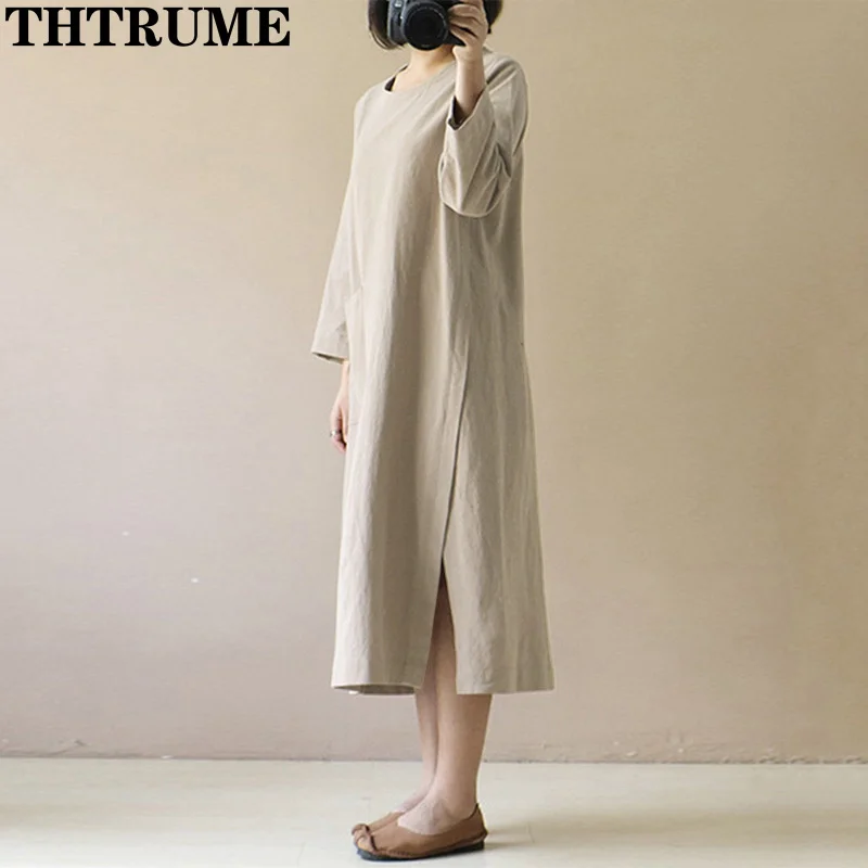 New 2024 Long Sleeve Dress Fashion Women Autumn Winter Solid Loose Pocket Vintage Vestidos Casual Office Lady Cotton Chic Robe