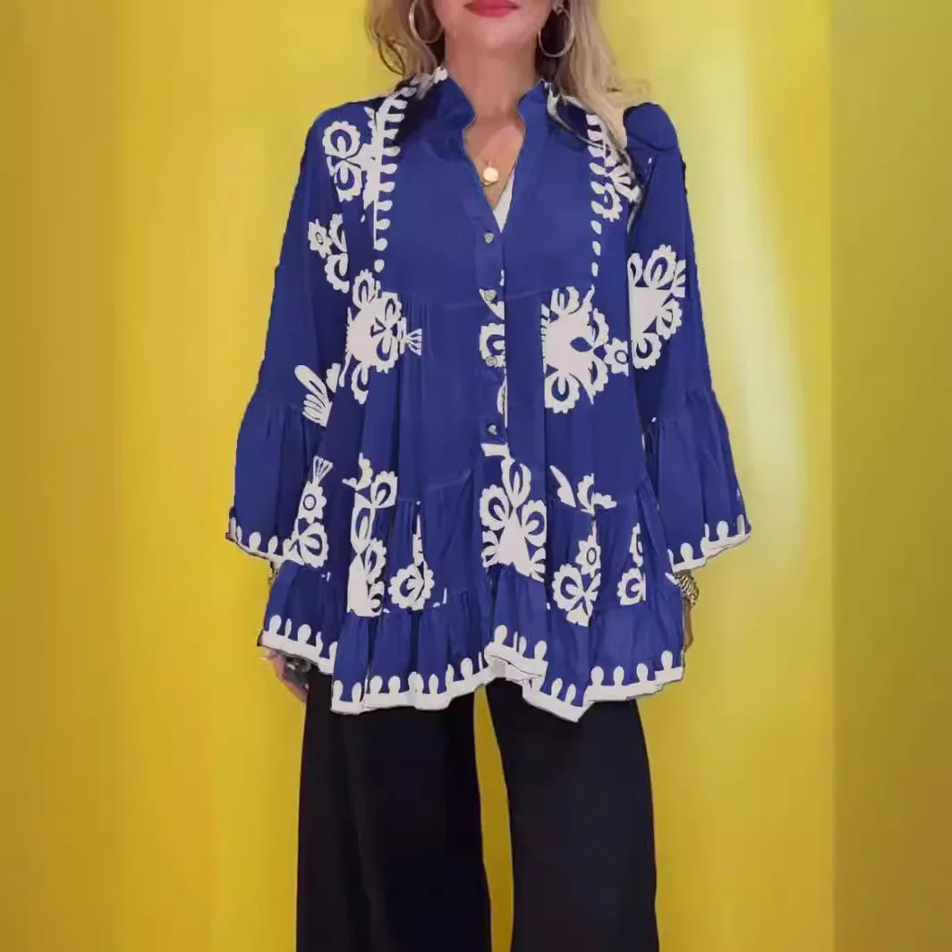 Blusa holgada con estampado Irregular para mujer, camisa de manga larga con cuello en V, botones y volantes, cómoda, informal, a la moda, novedad de 2024