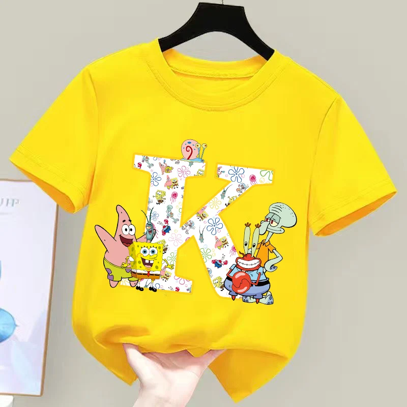 

SpongeBobs Letter A-Z T-shirt Kids Summer Cute Tees Boys Girls Anime Short Sleeve Tops Children Clothes Birthday Gift Hot Sales