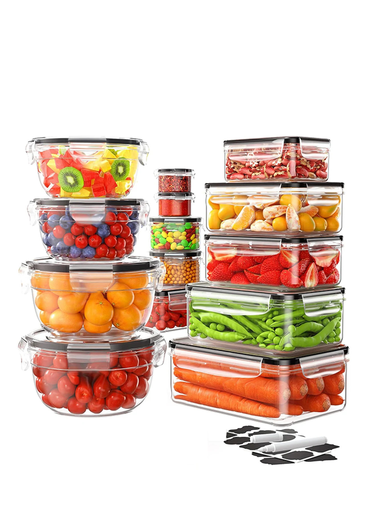 

24pcs/sealed food storage container with easy buckle lid is suitable for kitchen organizing fruits, vegetables with labels, pens