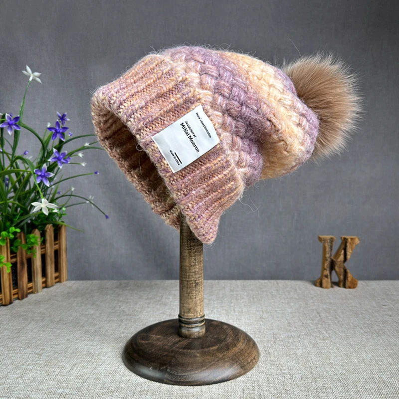 

Hat Women Winter Real Fox Fur Pompom Beanie Knit Autumn Warm Skiing Accessory For Cold Weather Sports Outdoor Holiday