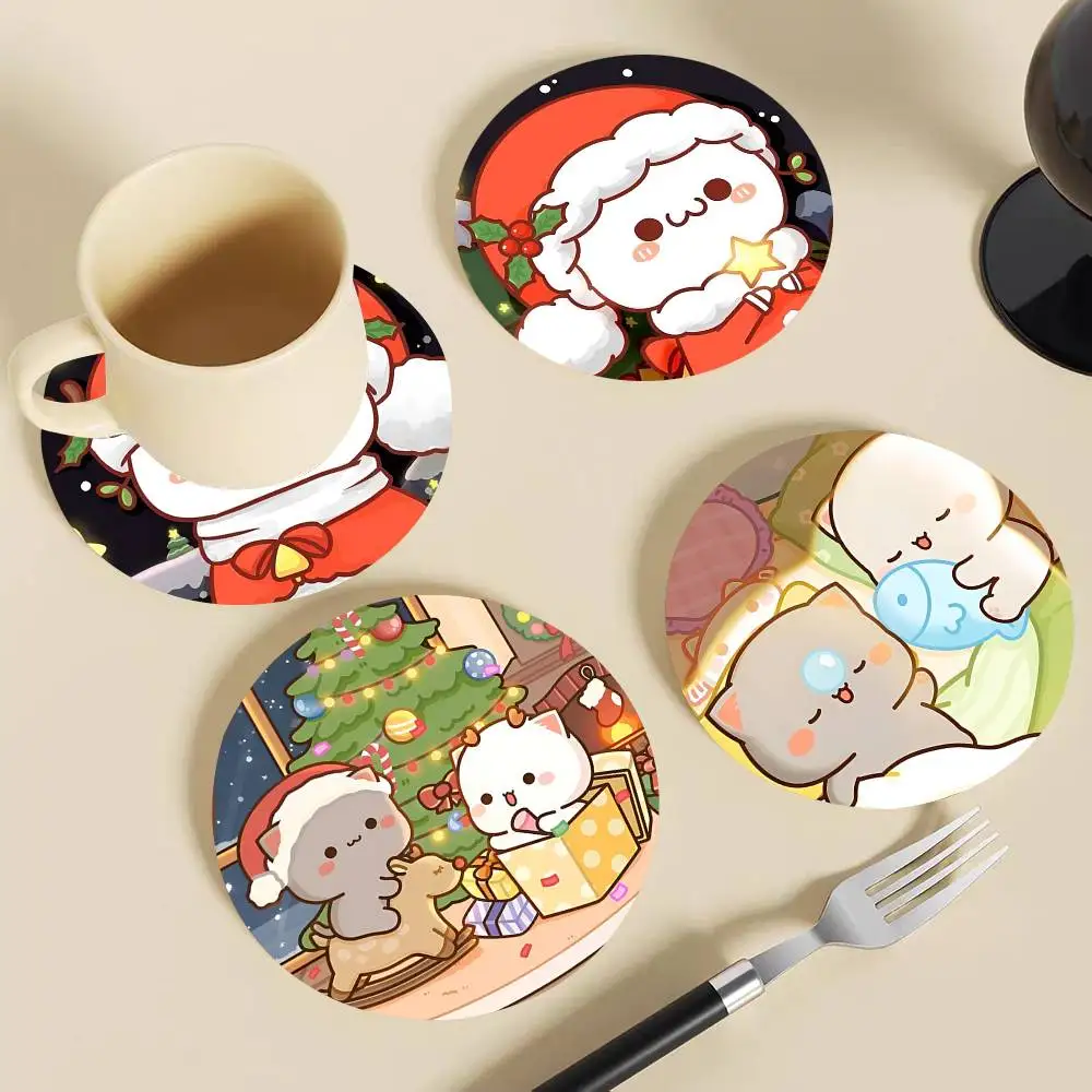 Couple Cat Peach And Goma Christmas Round Wooden Coasters Suitable For Restaurants And Coffee Home Gift Choice Holidays