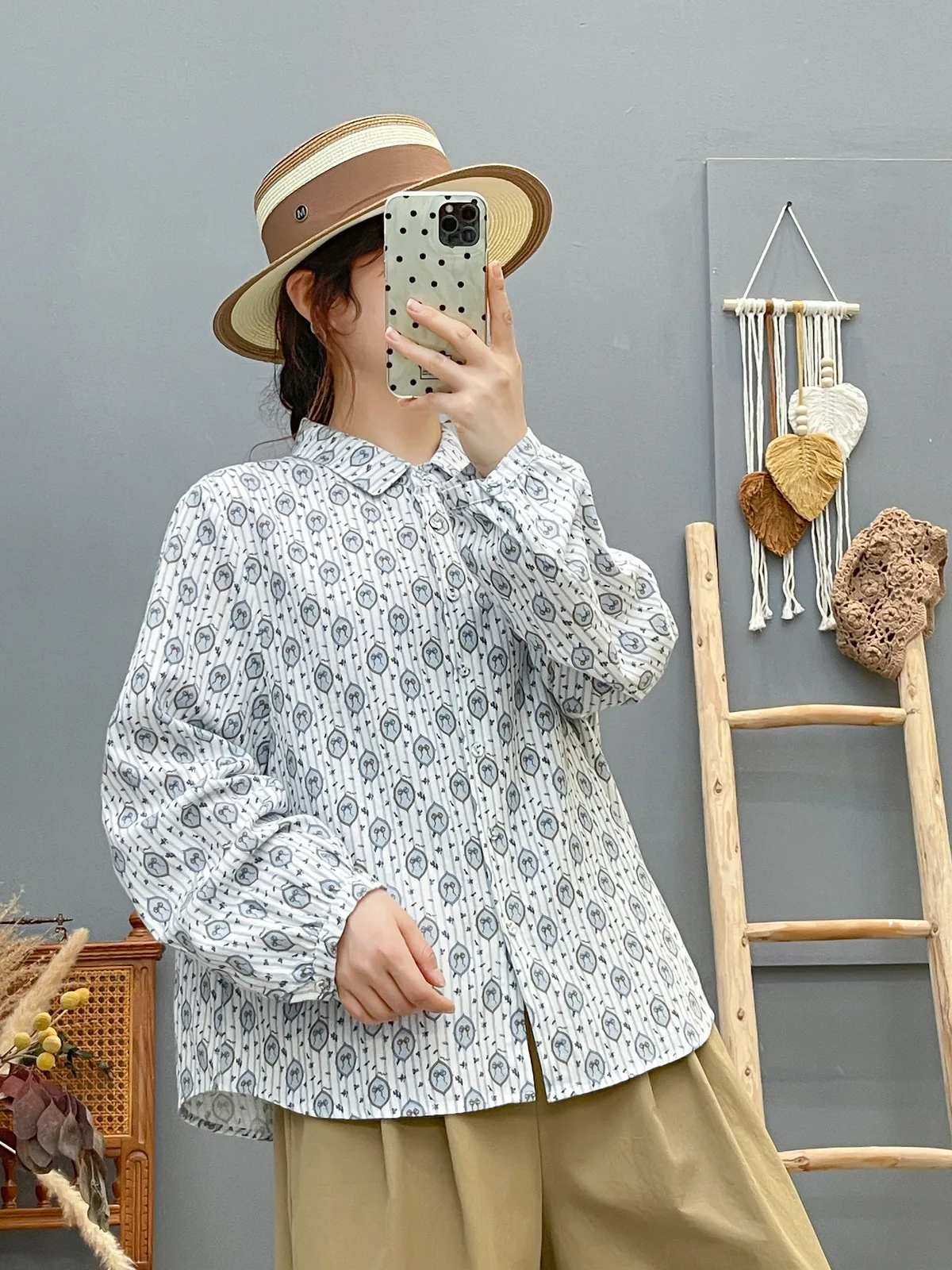 جديد 2025 الخريف قميص قطني بكم طويل نحى ، المرأة بدوره إلى أسفل طوق طباعة ، موري فتاة موضة بلوزة فضفاضة غير رسمية T58981CC #2