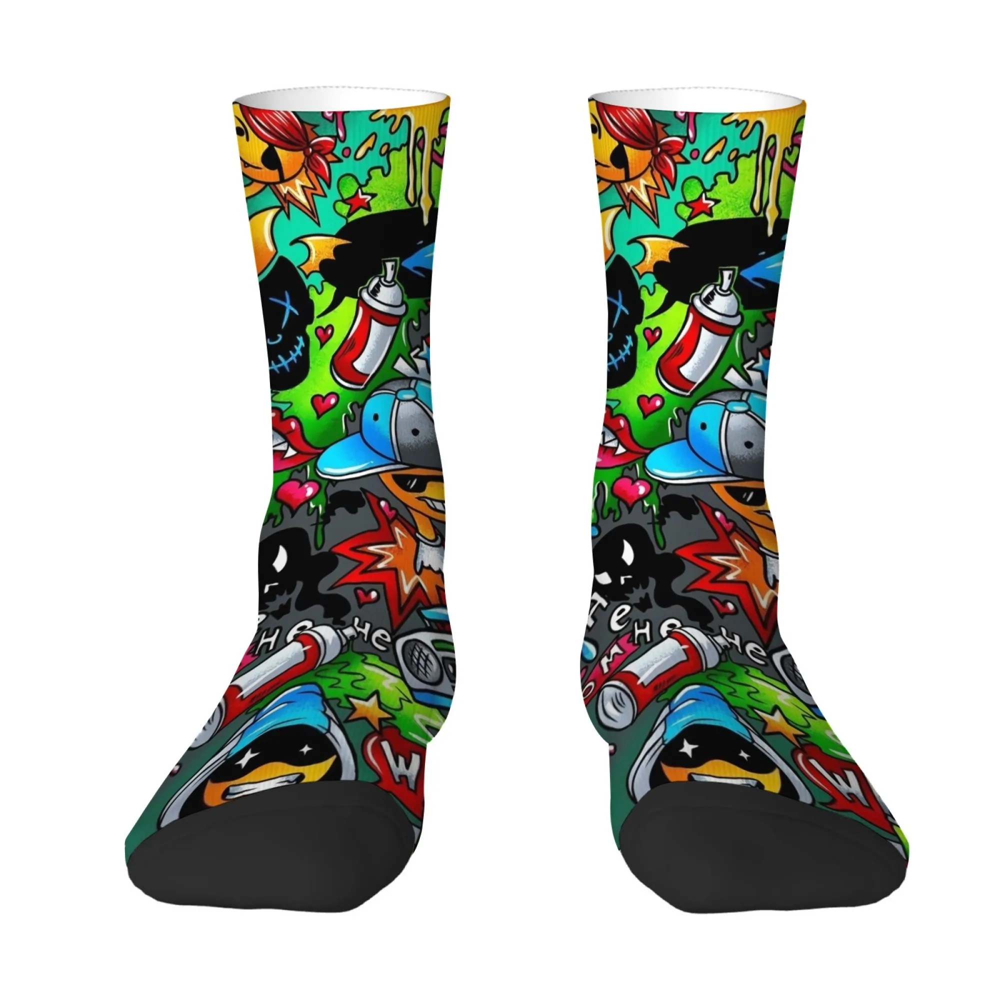 Harajuku Subculture Socks Street Graffiti Collage Print Men Mid-calf Socks Green-grey Gradient Trendy Comfortable Durable Socks