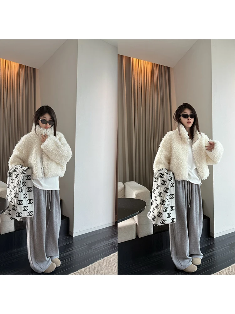 Superniniyy 여성용 롱 Sve 모직 모피 코트 스탠드 칼라 지퍼 루즈핏 헤어 텍스처 통근 슬레 겨울 아우터웨어