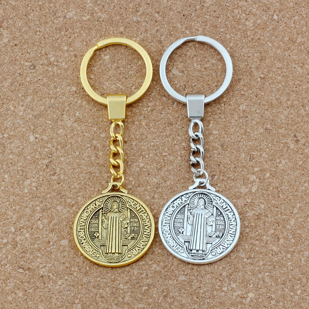 2Pcs Keychain Saint St Benedict of Nursia Patron Against Evil Cross Medal Pendants Key Ring Travel Protection