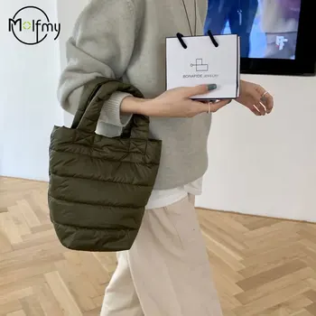 フグトートバッグ女性キルティングスペースコットンダウンフェザー大容量ハンドバッグ冬のショッピングクラウドパッド入りトートバッグボルサストップ