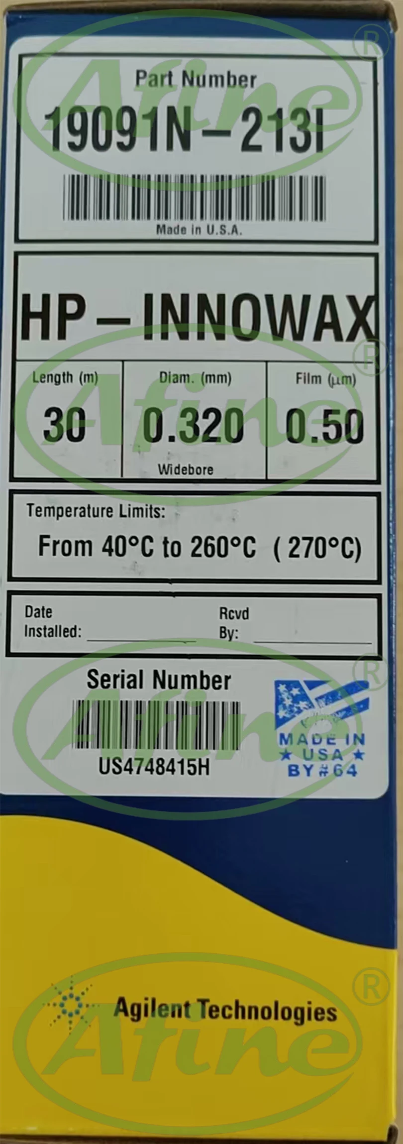 

AFINE Agilent 19091N-213I J&W HP-INNOWax Columns 30m 0.32mm 0.50µm GC column 7 inch Holder