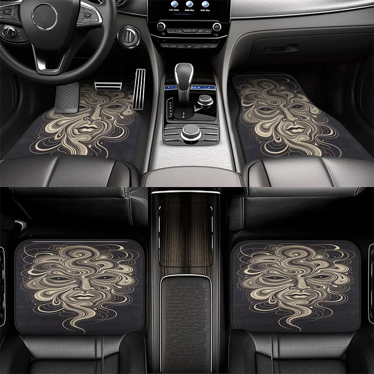5pcs Car Floor Mats, Trunk Mats With Abstract Flowing Human Face Pattern, Beige Lines Outlining A Mysterious Face Car Floor Mats