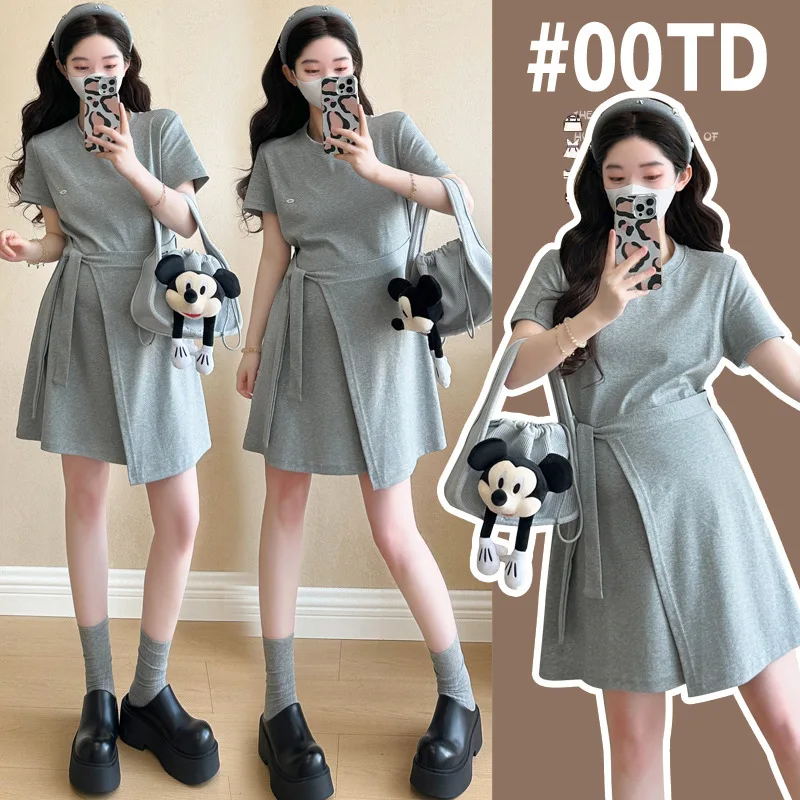 

Summer Maternity Dress French Style Grey Tie Detail Unique Design Petite Mini Skirt Pregnancy Fashion Comfortable Outfit
