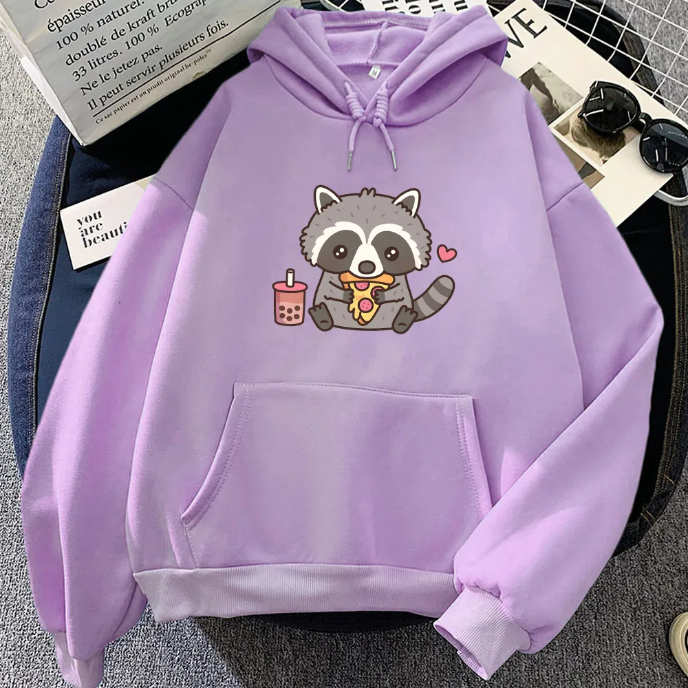 Cute Raccoon Eating Bubble Milk Tea and Pizza Hoodies Kawaii Cartoon Women Sweatshirts Aesthetic Moletom Sudaderas Girls Hoody