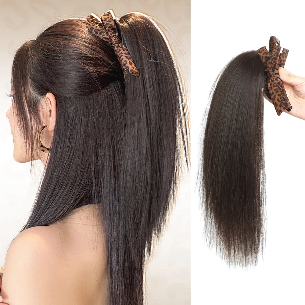 Leopard Print Bow Fountain Claw Clip Straight High Ponytail Synthetic Hair Heat Resistant Hair Accessories for Women Daily