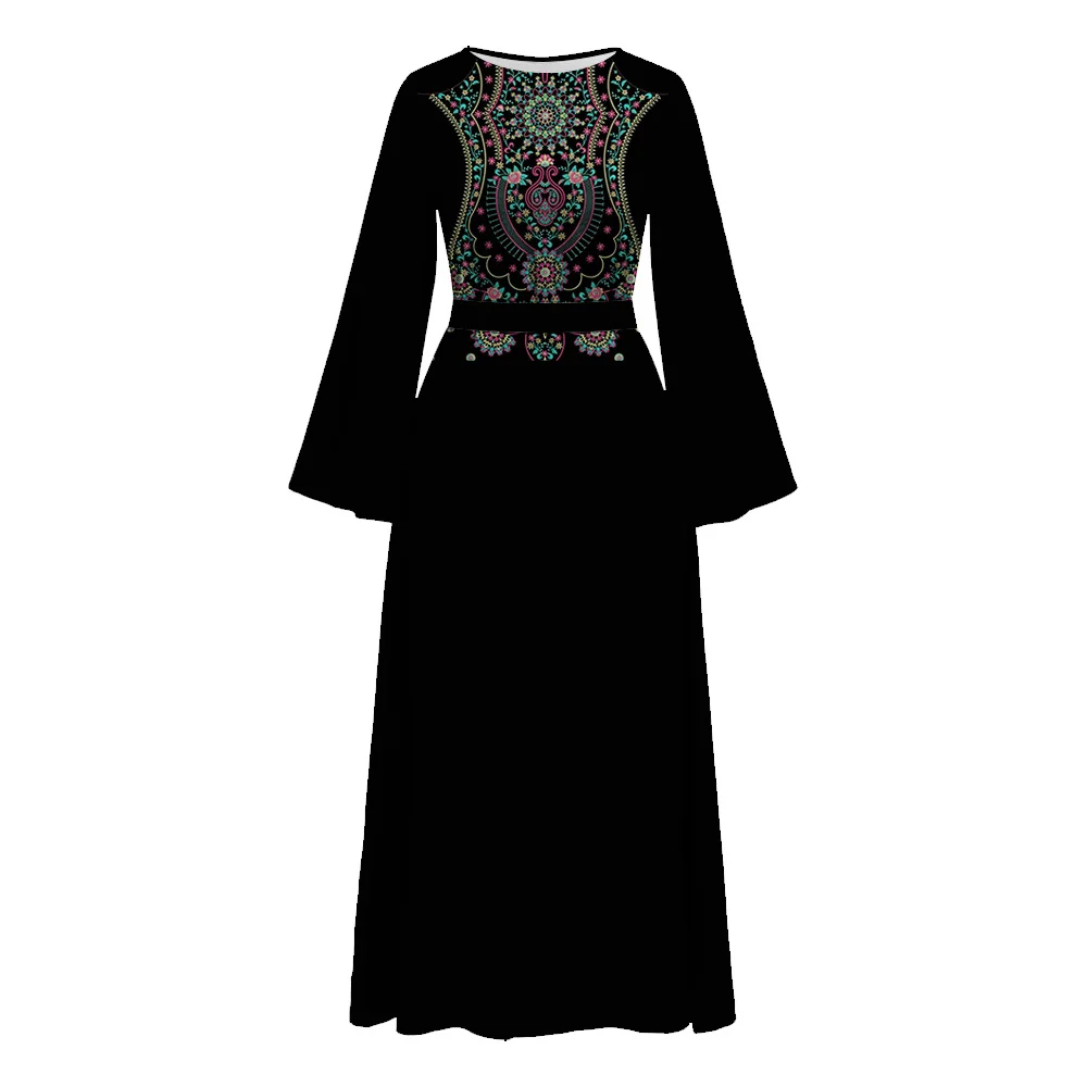 Demure Muslim Clothing Femme Abaya Dubai Turkey Caftan Long Flare Sleeve O-neck Print Islam Robe Dresses With Detachable Belt