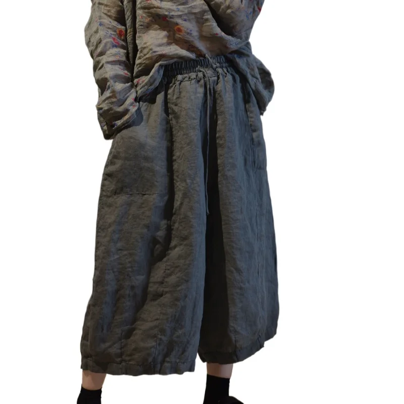 Ramie Wide Leg Harem Pants Women Autumn New Loose Calf-Length Plus Size Trousers Solid Color Casual Drawstring Elastic Capris
