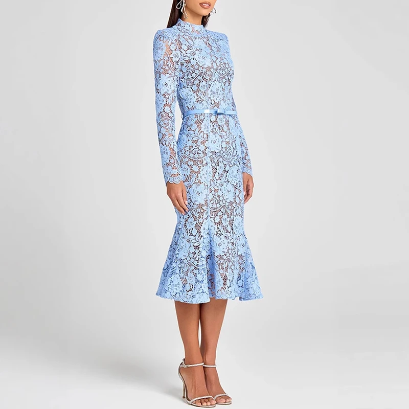 Sexy Durchsichtiges Jacquard-Abschlussball-Fischschwanz-langes Kleid, elegante Stickerei, Spitze, Damenkleid, gehäkelt, hohl, figurbetonte Kleider mit hoher Taille