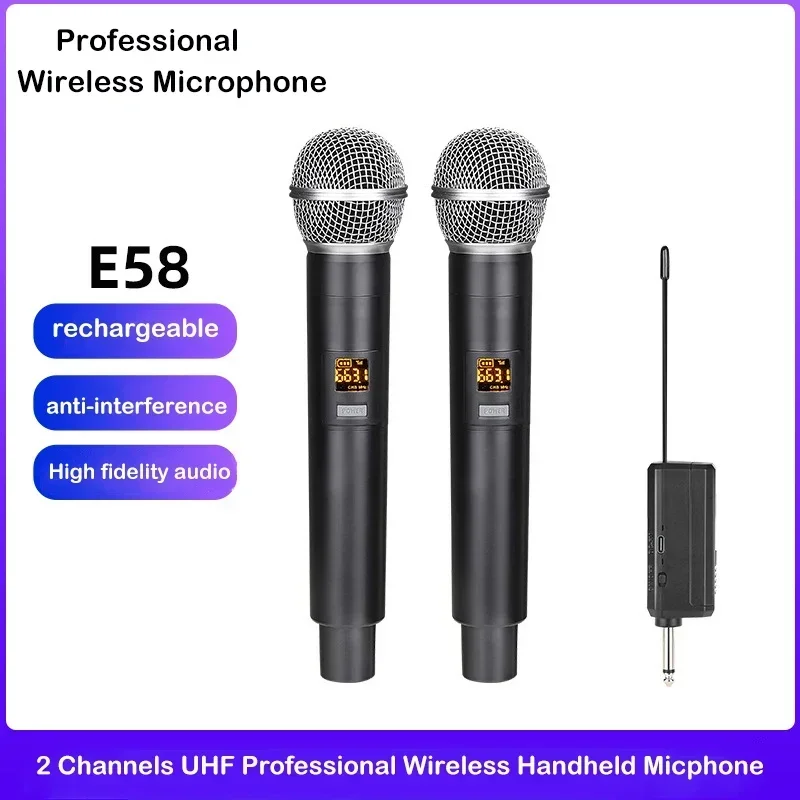 

Professional 2 Channels UHF Fixed Frequency Wireless Microphone Handheld Karaoke Micro Phone for Party Stage Performance Church