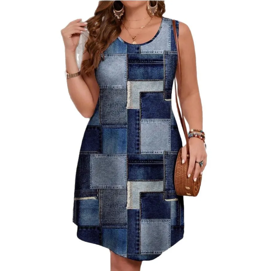 فساتين متوسطة الطول أنيقة للنساء للربيع والصيف بدون أكمام فستان مطبوع من قماش الدنيم المقلد للنساء Elbise vrouwen옷 Vestidos Mujer رداء ميدي