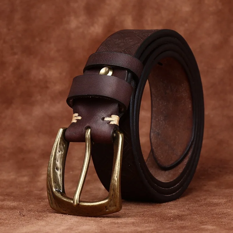 3.8cm Genuine Leather Belts for Men's High Quality Copper Buckle Jeans Cowskin Laser Engraving Belts Cowboy Waistband Male