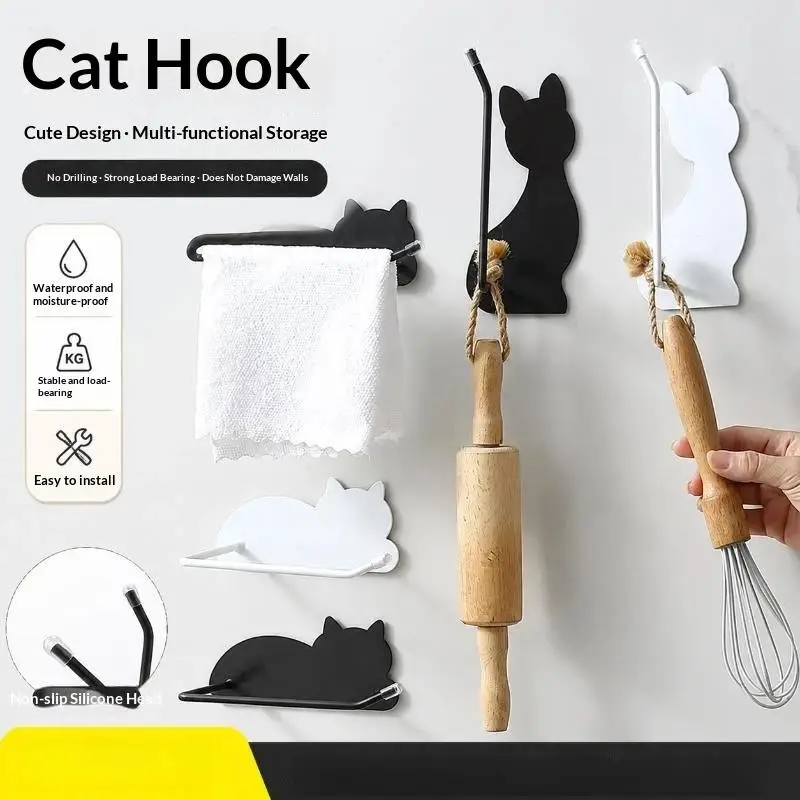Cute Cat Shape Wall Hook Self Adhesive No Drill Strong Load Bearing Waterproof Sticker Hook For Kitchen Bathroom Home Storage