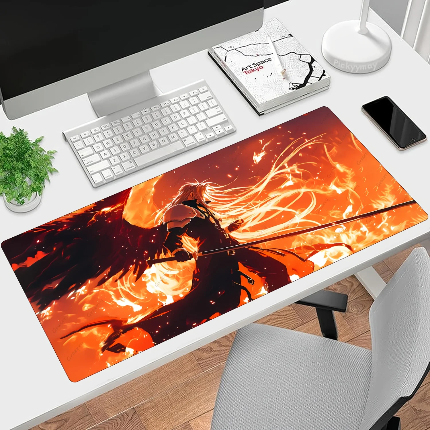 Fiery Anime Warrior Gaming Mouse Pad, Large Non-Slip Desk Mat with Flame Sword Aesthetic for Gamers & Home Office