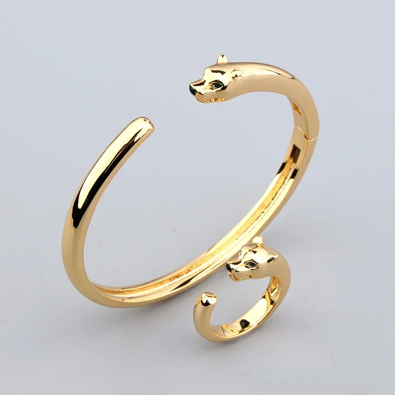 Europe America Fashion Style Men Women Lady Plated Gold Color Inlay Cubic Zircon Green Eyes Leopard Open Ring Bracelet