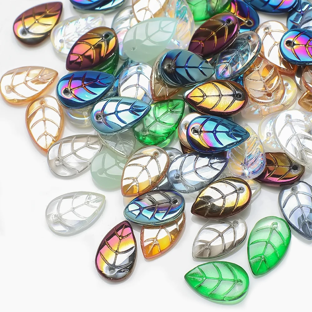 50Pcs A Bag 10X18mm Glass Beads Leafs Leaves Electroplating color Loose Spacer Beads Charms Pendants Czech Glass DIY Accessories