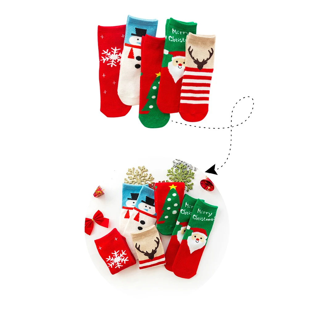 

5pcs Children Christmas Kids Warm Socks Soft Cotton Baby Socks Winter Fashion Outfits Protective Comfortable Design Match Party
