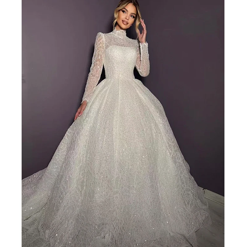 

Glitter Wedding Dress Bead With Embroidered Lace A-Line Ball Gown High-Neck Full Sleeve Customized Bride Dress Vestido De Novia