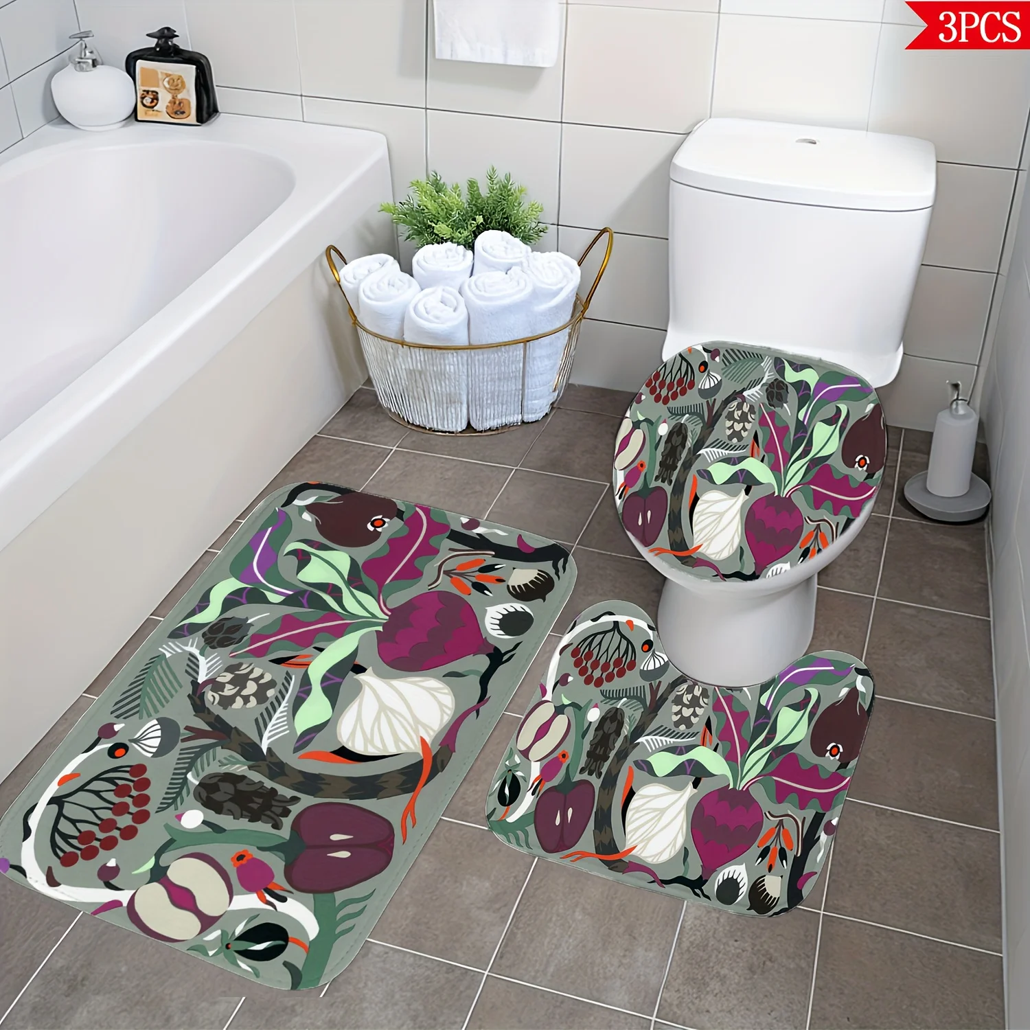 Luxury Floral Bathroom Mat Set 3pcs Washroom Rug Floor Mat Home Decor Botanical Tropical Design for Bathing Area