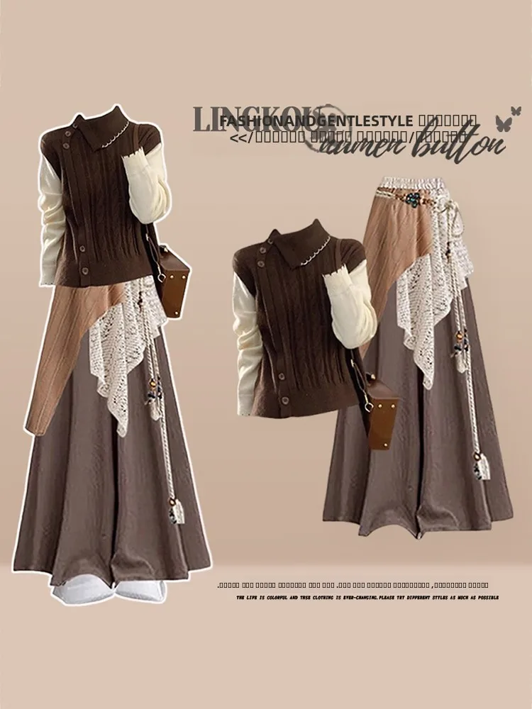 

Вязаный комплект большого размера в стиле ретро для женщин с воротником, повседневная юбка, брюки, футболка, ансамбль, осень-зима, моя, высокая талия