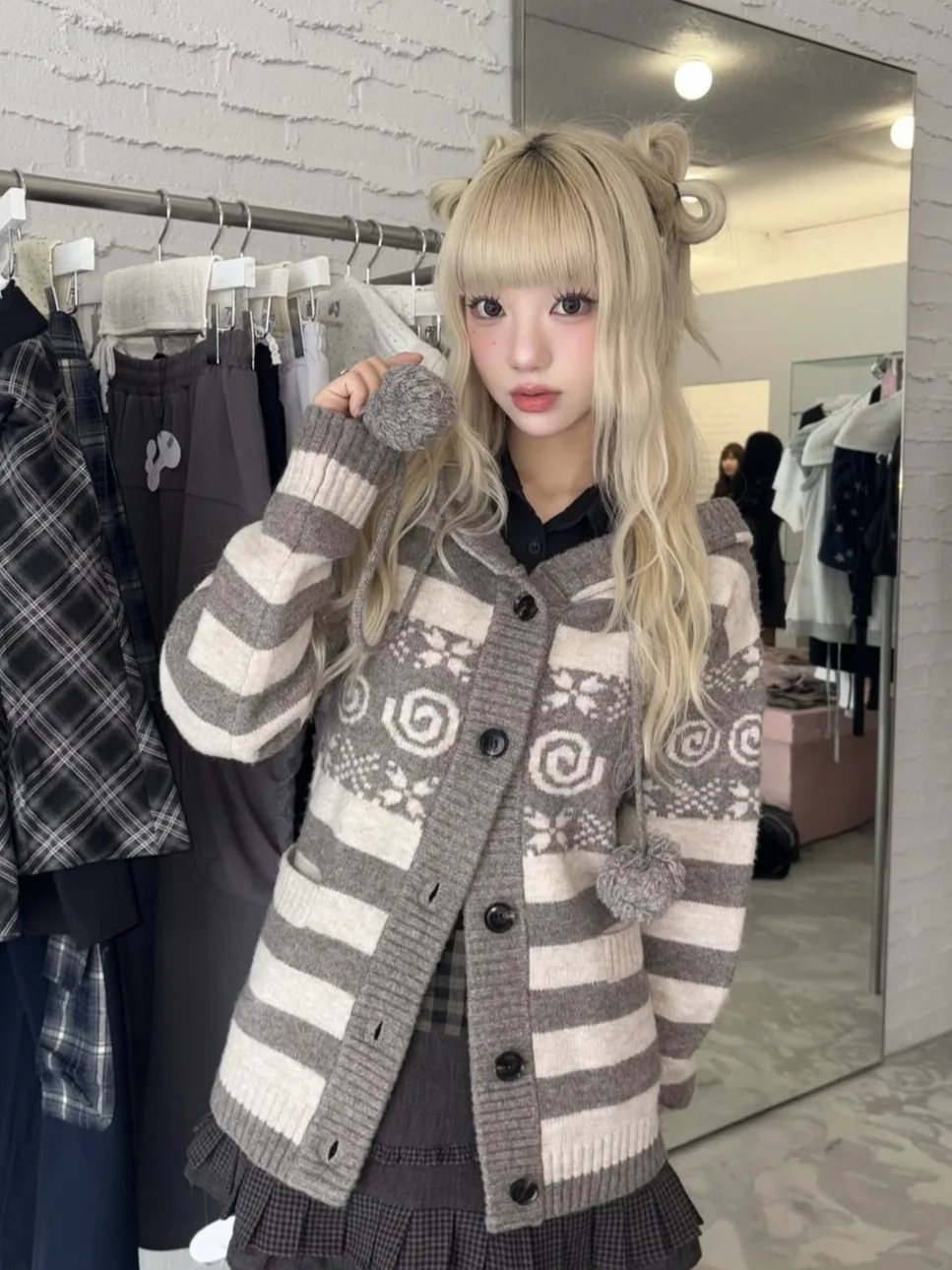 

Hugyourskn Japanese Style Lightweight Knitted Hat Sweater Ball Stripe Outerwear Women's Luxury Loose Fit Long Sleeve Cardigan
