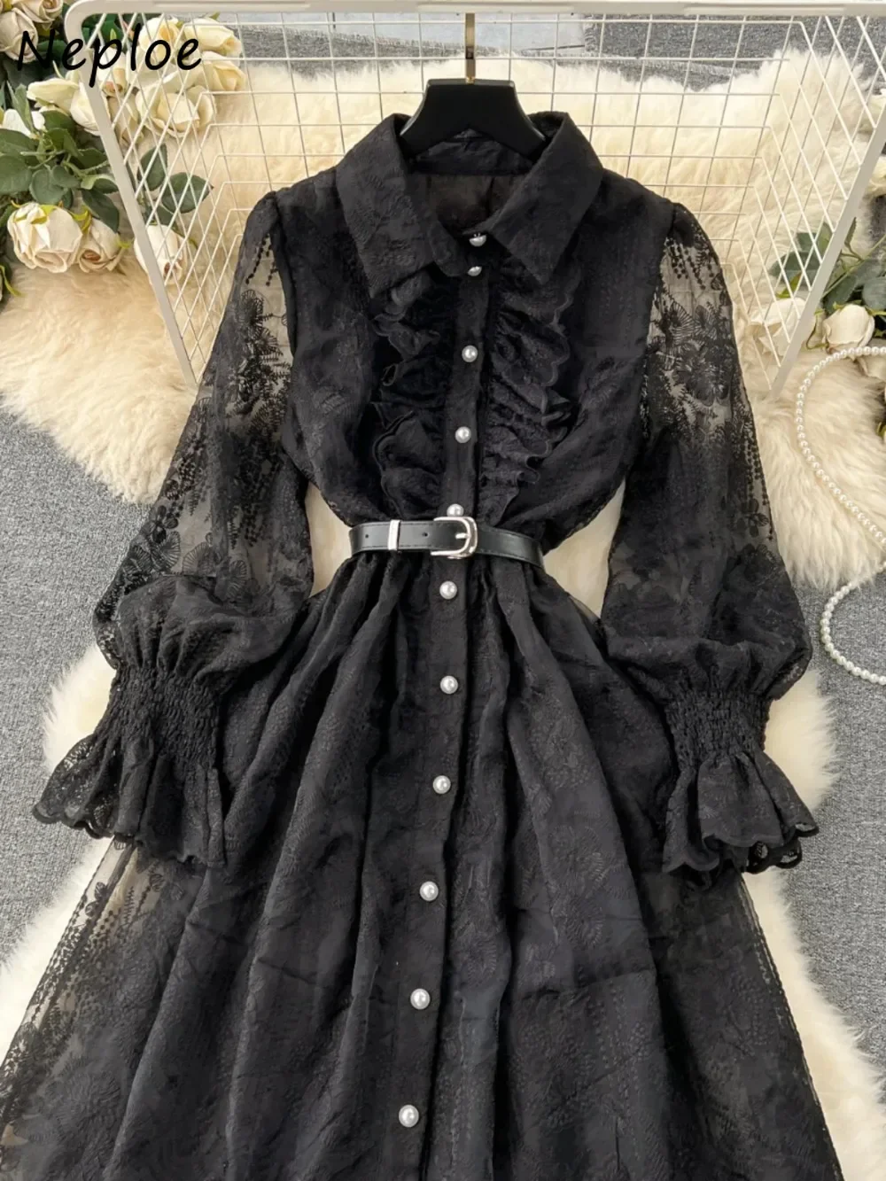 

Neploe Office Lady High Waist Korea French Court Dress Vintage Heavy Embroidery Fungus Slim Robe Lace Exquisite Advanced Vestido