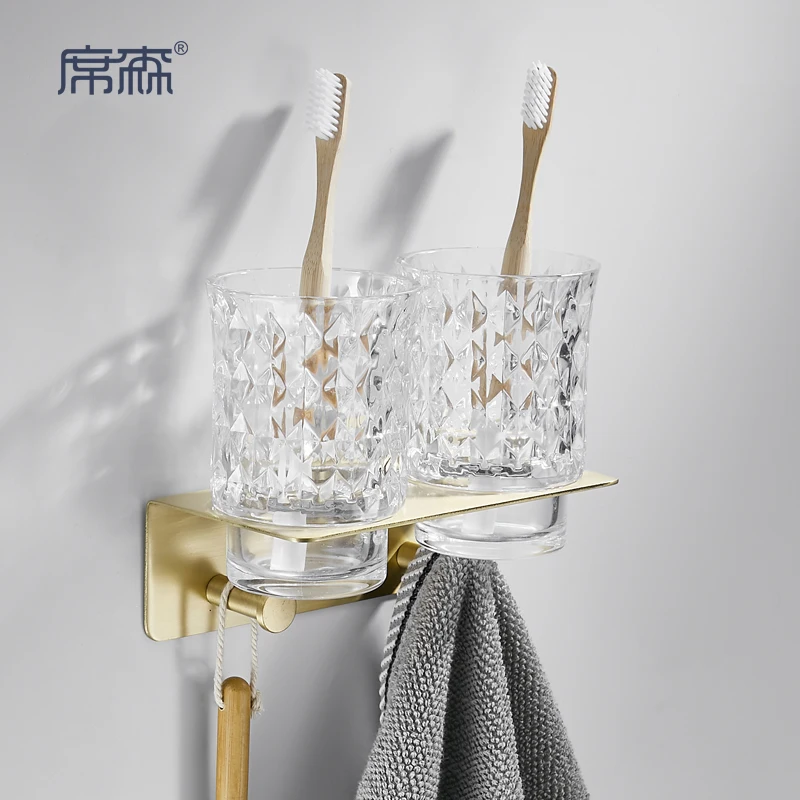 Light luxury brass wall-mounted toothbrush holder All-copper mouthwash cup holder Bathroom non-punching rack Double cupr