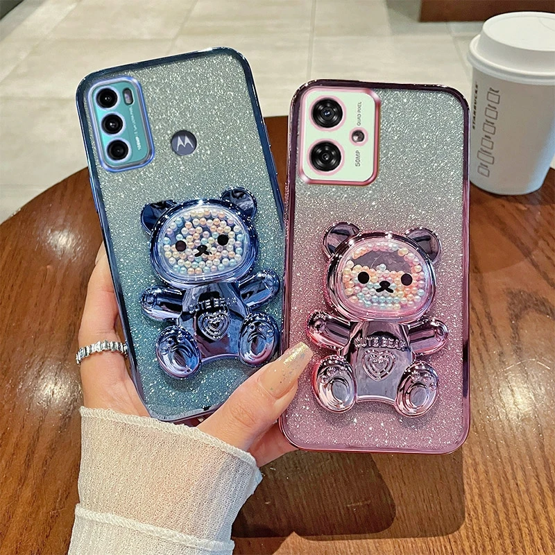 Motog60 Glitter Bright Plating Bear Holder Case For Motorola Moto G60 G50 G52 G82 G72 G73 G13 G23 G22 G9 G8 Silicone Stand Cover