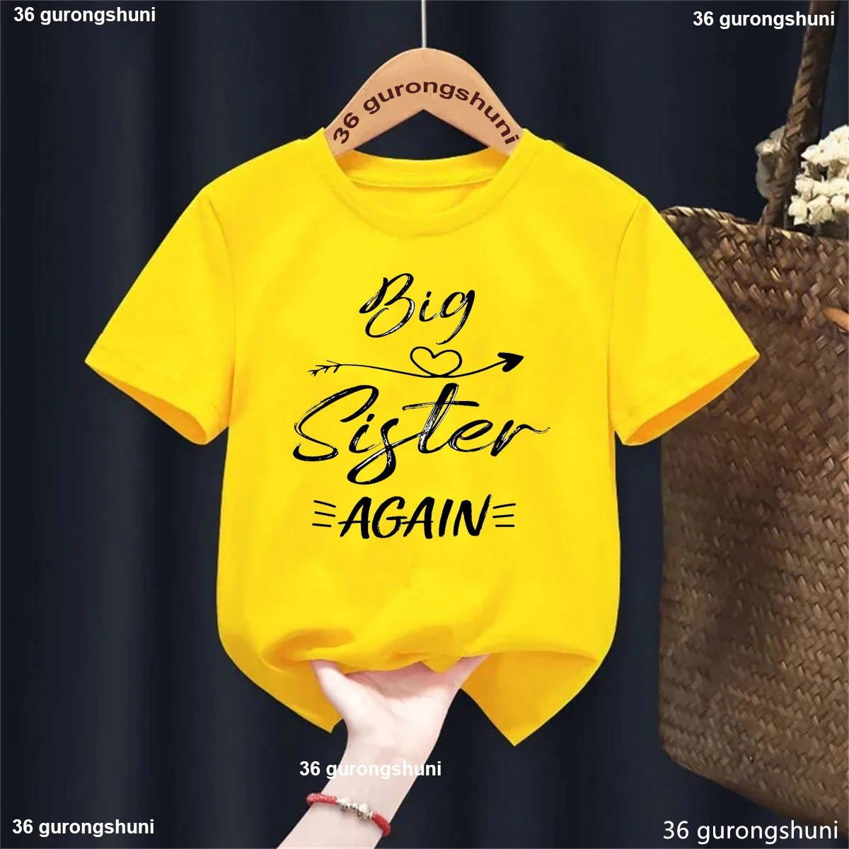 Big Sister Again Arrow Letter Printed T Shirt Girls Pregnancy Announcement Shirt Kawaii Kids Clothes White/Pink/Black T-Shirt - view 5