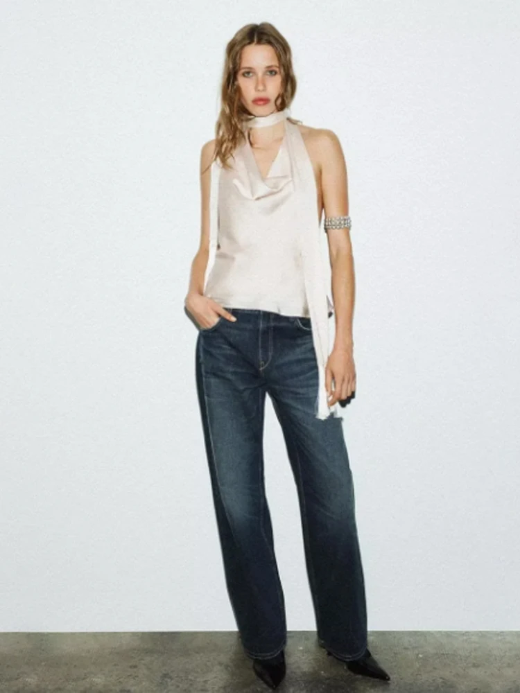 

Women Chic Satin Scarf Collar Short Top Women Casual Sleeveless Off-shoulder Backless Draped Neckline Tops 2026 Summer Outfit