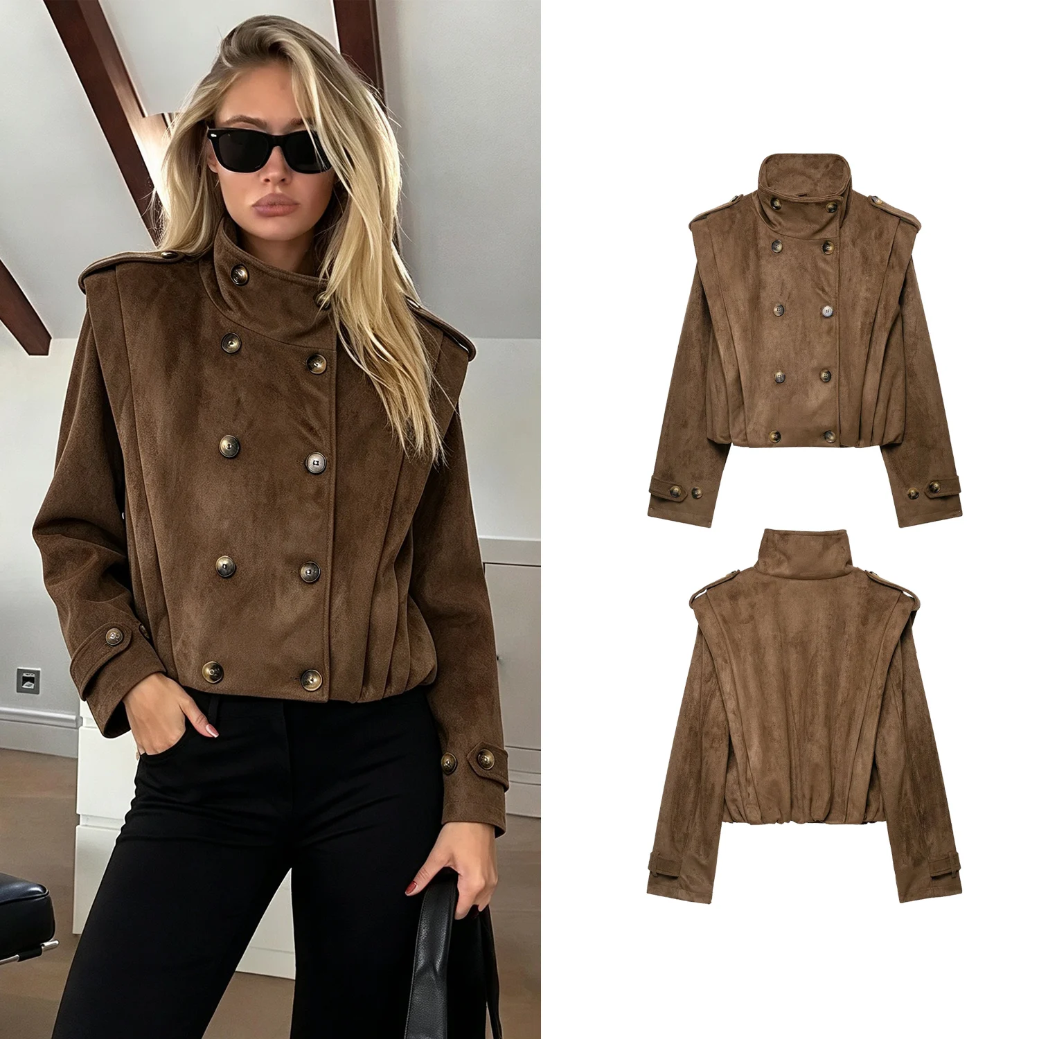 Women Coffee Vintage Faux Suede Short Jackets Spring Autumn Female Stand Double Breasted Coats Lady Streetwear Pleated Outerwear