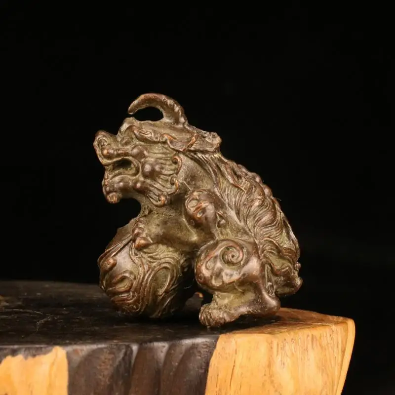 Antique Bronze Chinese Mythical Animal Unicorn Kylin Play Statue Red Copper Home Decoration Auspicious Feng Shui