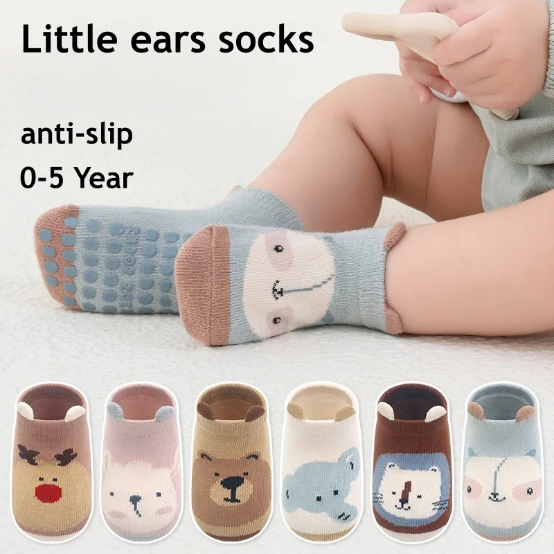 6 Pairs Kids Cotton Socks Non-slip Boys and Girls Cute Cartoon Animal Patterned lamb Bear Comfy Breathable Baby Floor Socks