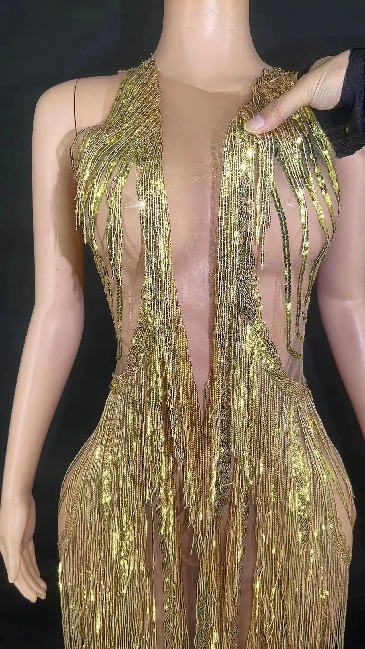 Birhthday Dress Festival Outfit sequin tassel sexy mesh See through party performance Latin pole dance drag queen clothing