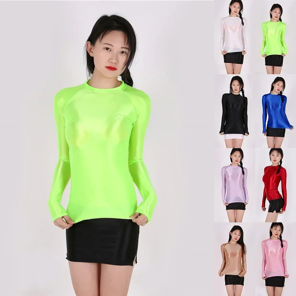 New Oil Shiny Glossy Bodycon T-Shirts Transparent Long Sleeve Slim Tight Yoga Gym Stretch Tees Top T Shirt Clothing For Women