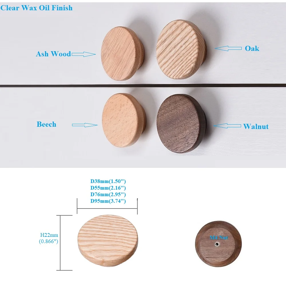 2Pcs Natrual Solid Wood Round Knob Handle For Door Furniture Cupboard Cabinet Walnut Beech Ash Rubberwood
