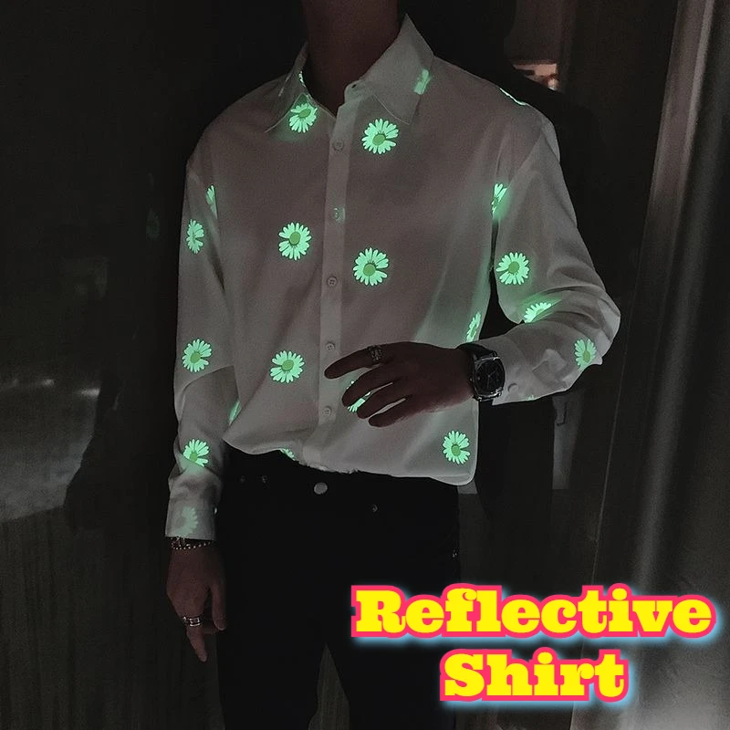 الرجال الأشعة فوق البنفسجية رد الفعل قميص طويل الأكمام توهج الحرارة تضيء الخريف أزياء مريحة تناسب ديزي طباعة عاكسة الملابس ارتداء اليومي