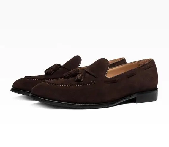 Pure Hand Made Chocolate Apricot Suede Tassel Round Toe Low Top Loafers Men Genuine Leather Slip On Outdoor Flat Casual Shoes