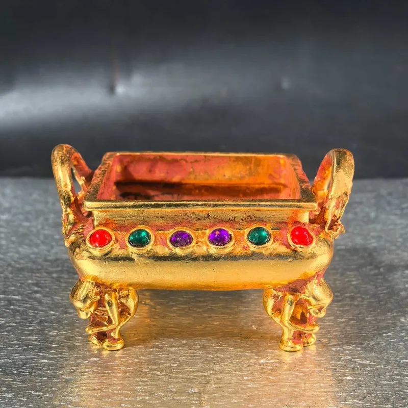 Antique Alloy Gemstone Square Incense Burner Home Decorative Craft Ornament