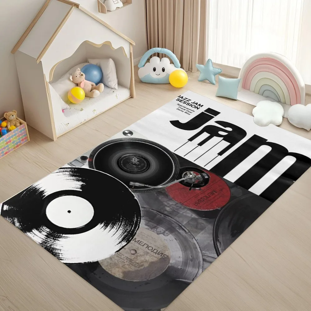 Vintage Music Vinyl Record Pattern Carpet Mat Rug Retro Black And White Design Non-Slip Home Decoration for Living Room Bedroom